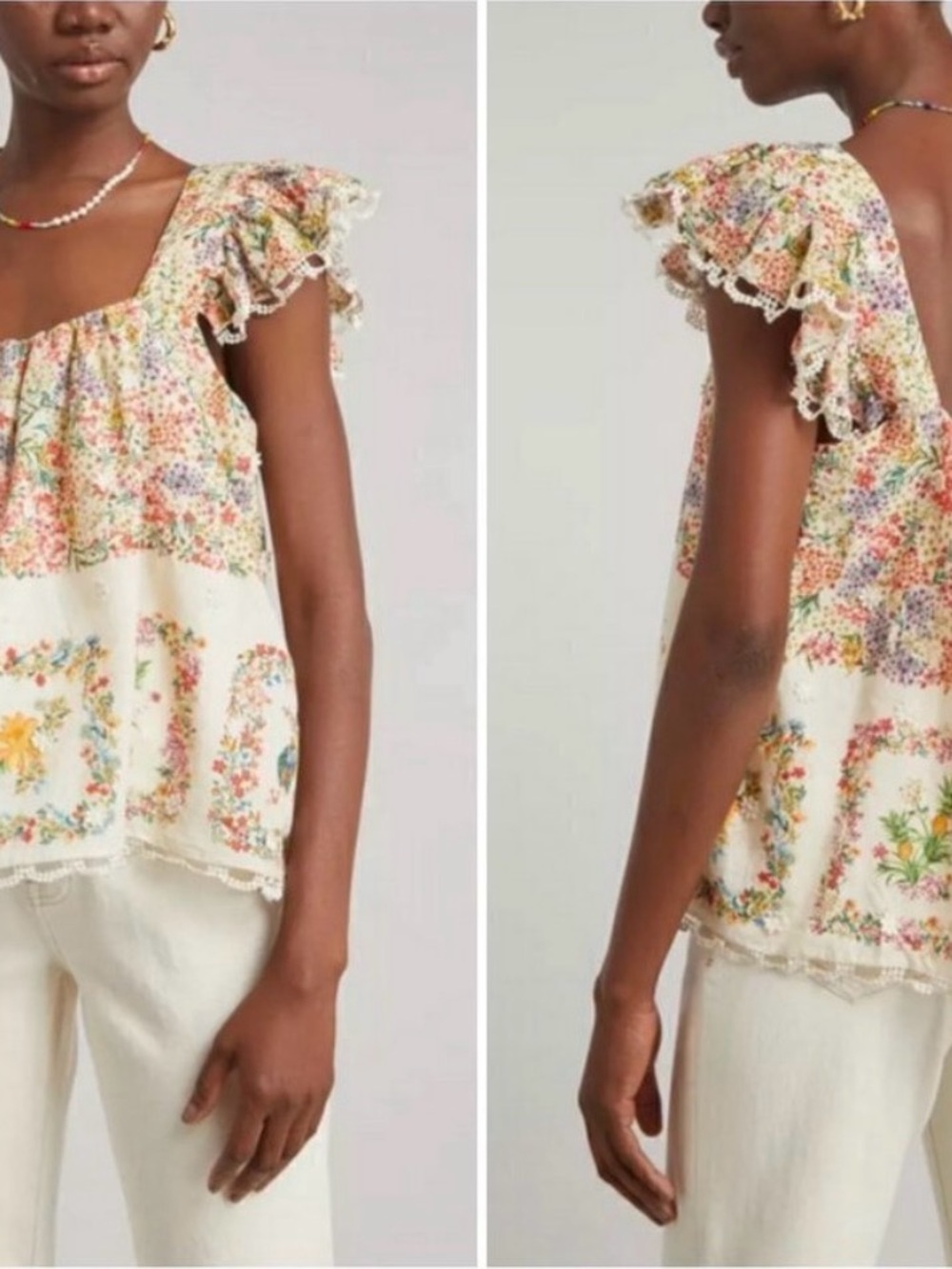 Farm Rio Cream Floral Ruffle-Sleeve Top